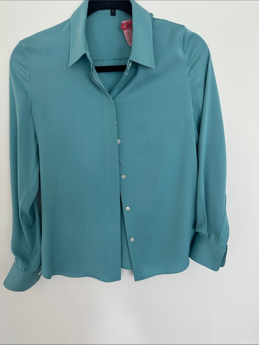 Theory Silk Teal Button-Down Blouse with Classic Collar